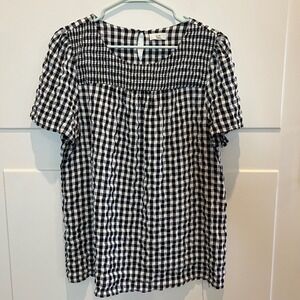 OTT Black White Gingham Short Sleeve Smocked Top Blouse XL‎ Chic Career Casual
